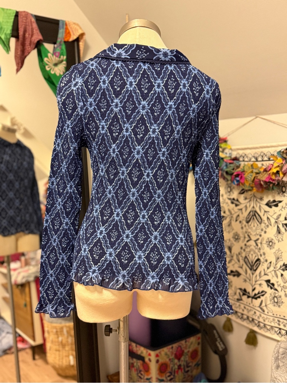 Free People Navy Patterned Button-Down Top with Peter Pan Collar - Picture 2 of 4
